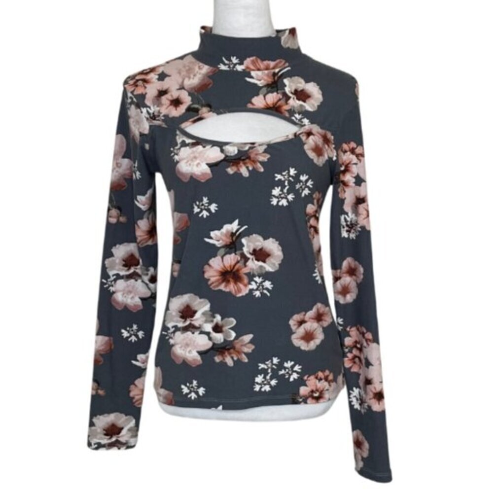 J For Justify Goth Grunge Floral Chest Cutout Mock Neck Top L - Picture 2 of 7